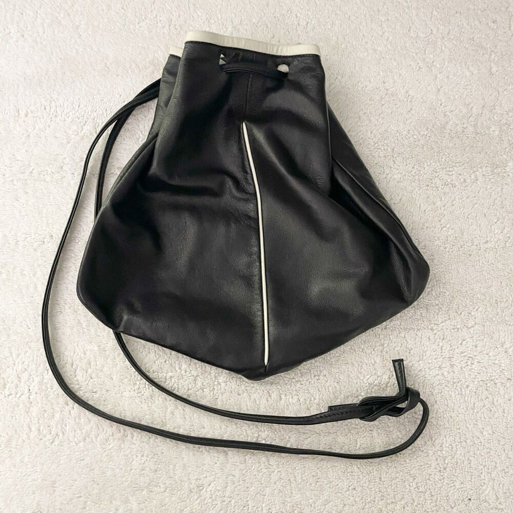 Vintage Black Leather Shoulder Bucket Drawstring Bag with White Trim Artsy 90s - Picture 1 of 9